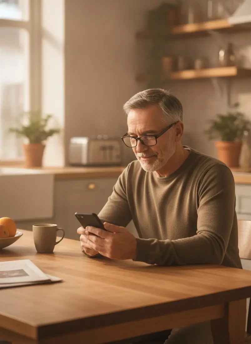Persona mirando el celular con los lentes puestos
