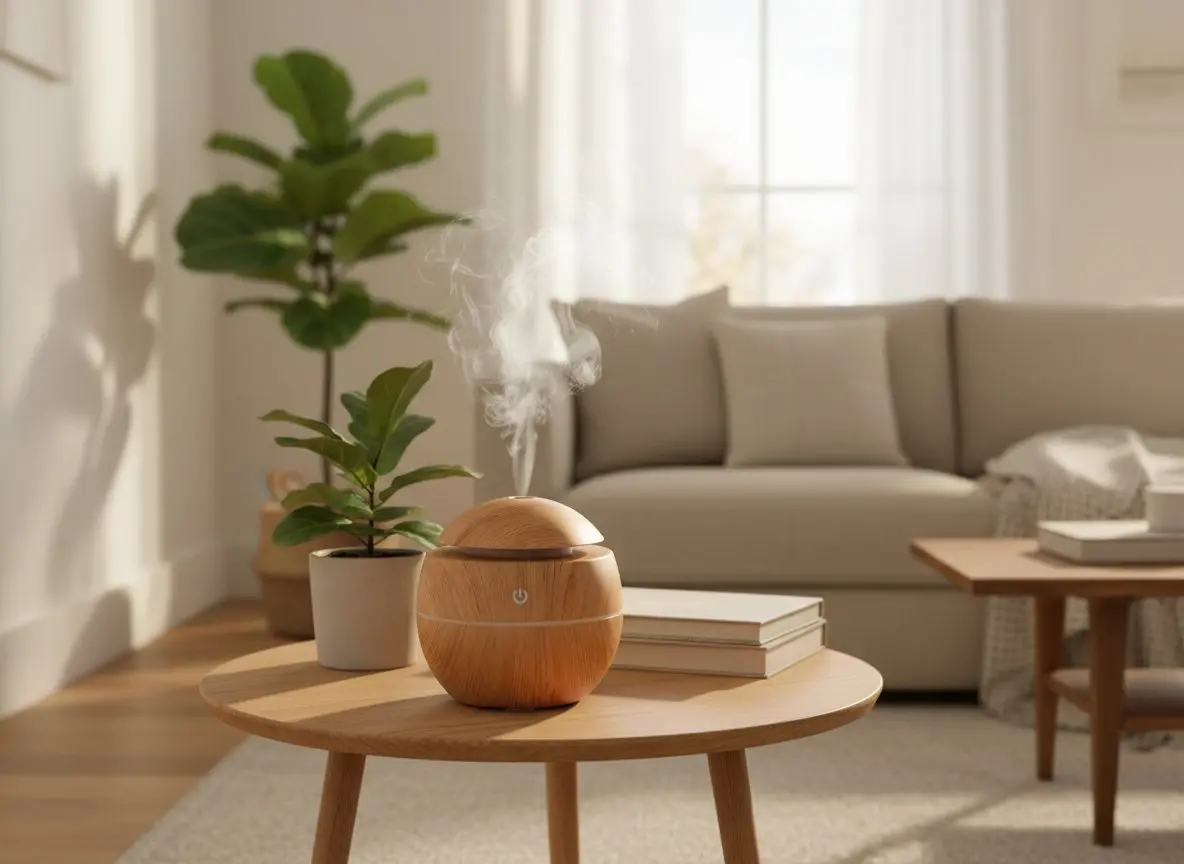 El humidificador encendido en una repisa del living