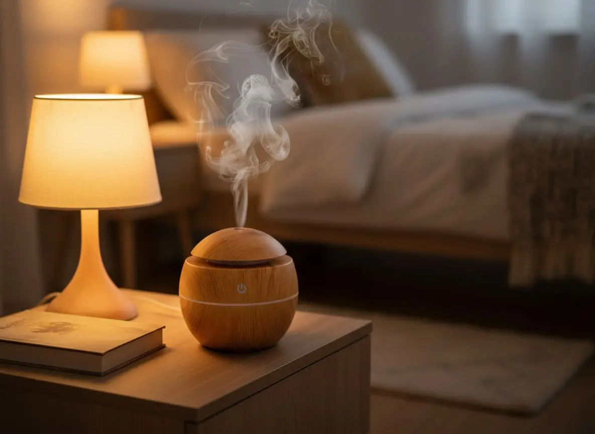 El humidificador en la mesa de luz, de noche