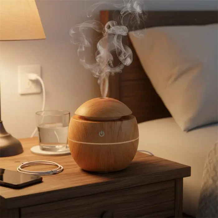 El humidificador en la mesa de luz de un dormitorio real