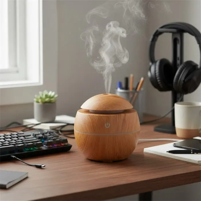El humidificador en un escritorio con auriculares y teclado