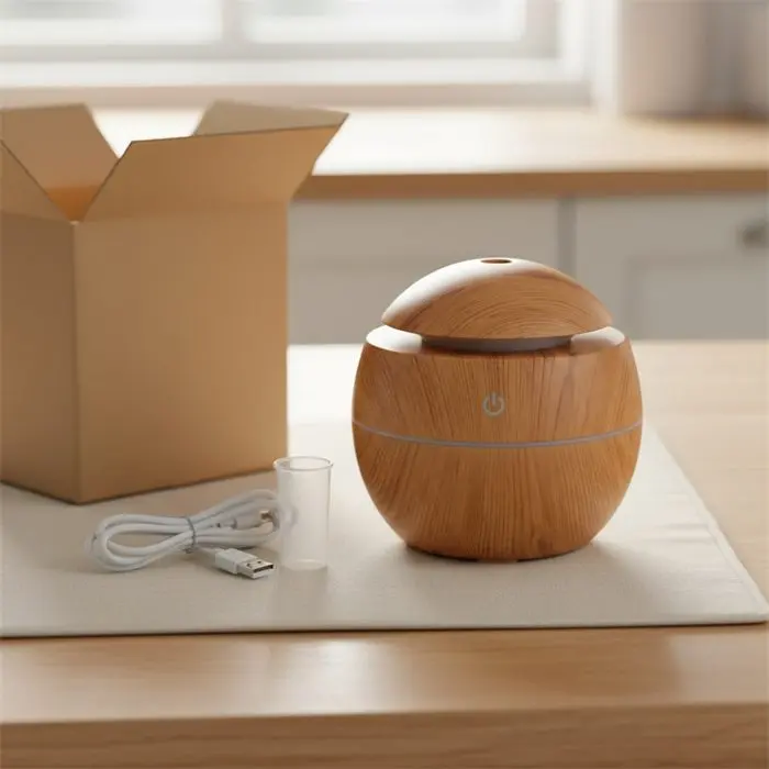 El humidificador recién sacado de la caja con el cable USB
