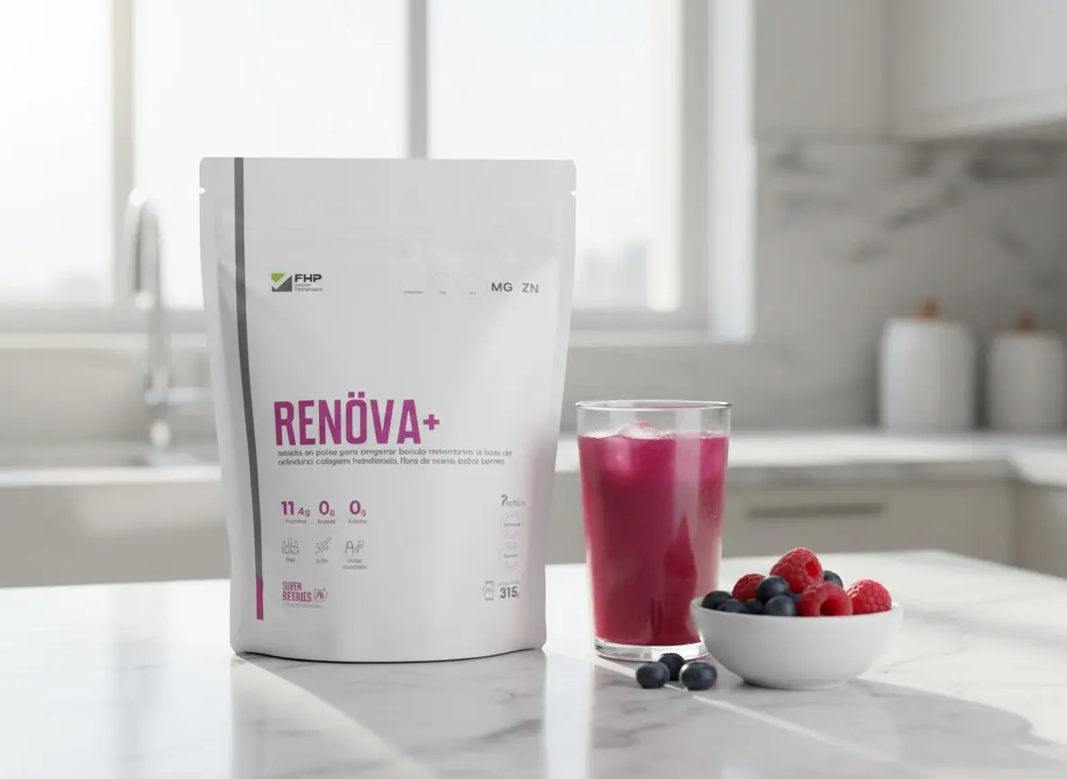 El envase de RENÖVA+ junto al vaso preparado y un bowl de frutos rojos