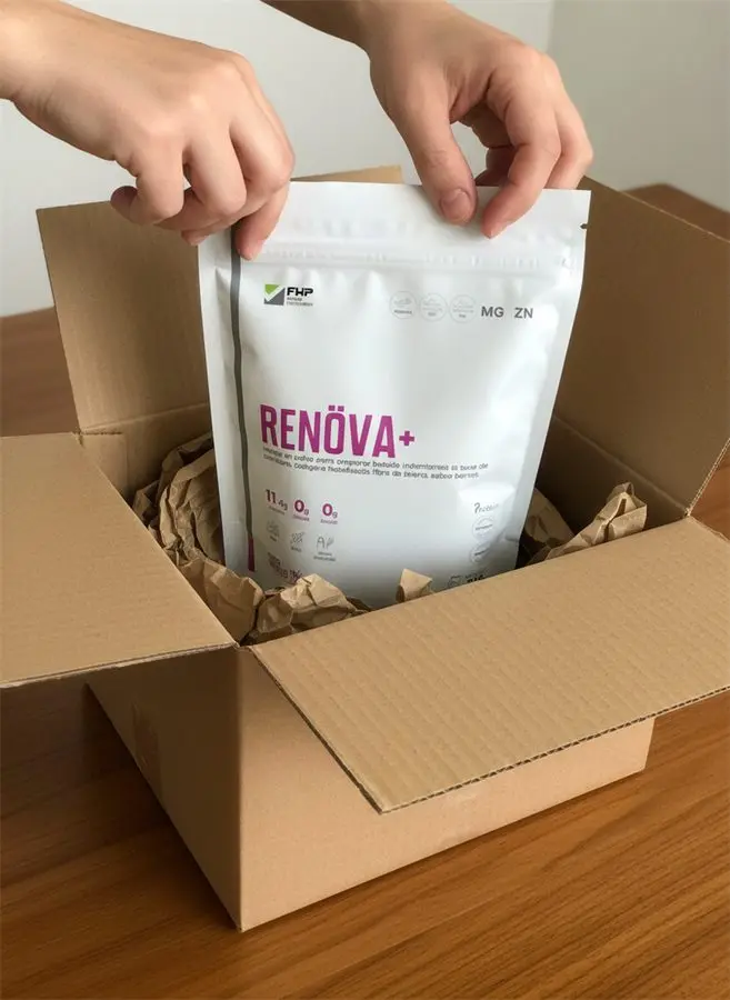 Abriendo la caja con el envase de RENÖVA+ adentro