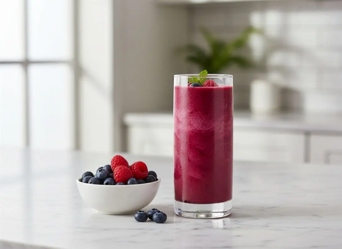 La bebida de RENÖVA+ preparada, con frutos rojos