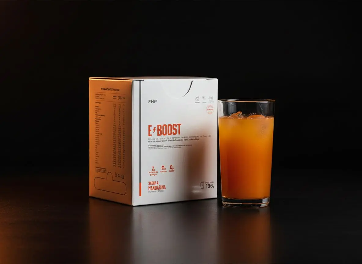 Caja de E-BOOST de 196 g junto a un vaso con la bebida preparada