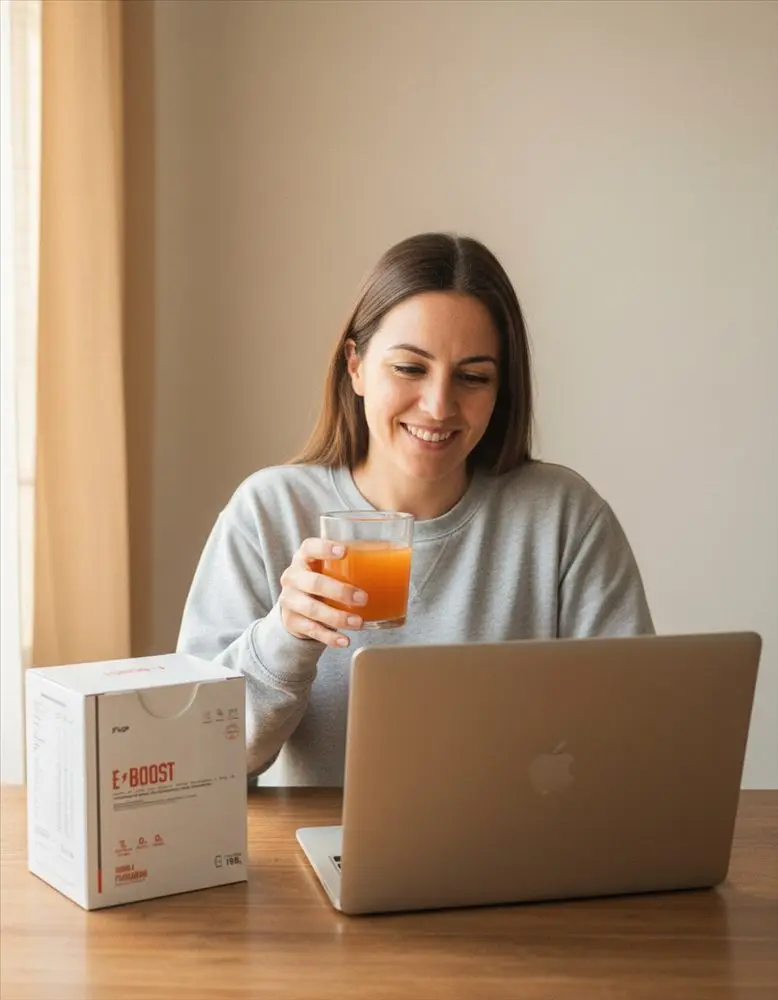 Representación de una persona activa en su escritorio con un vaso de E-BOOST