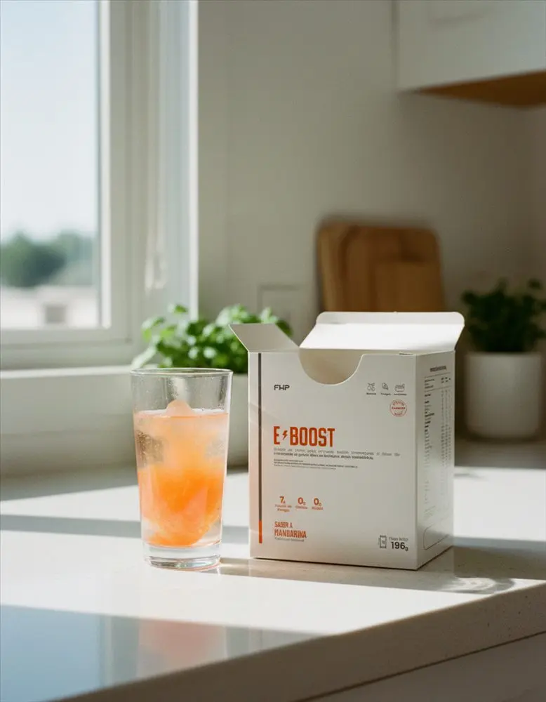 Caja de E-BOOST junto a un vaso con la bebida en la mesada de la cocina