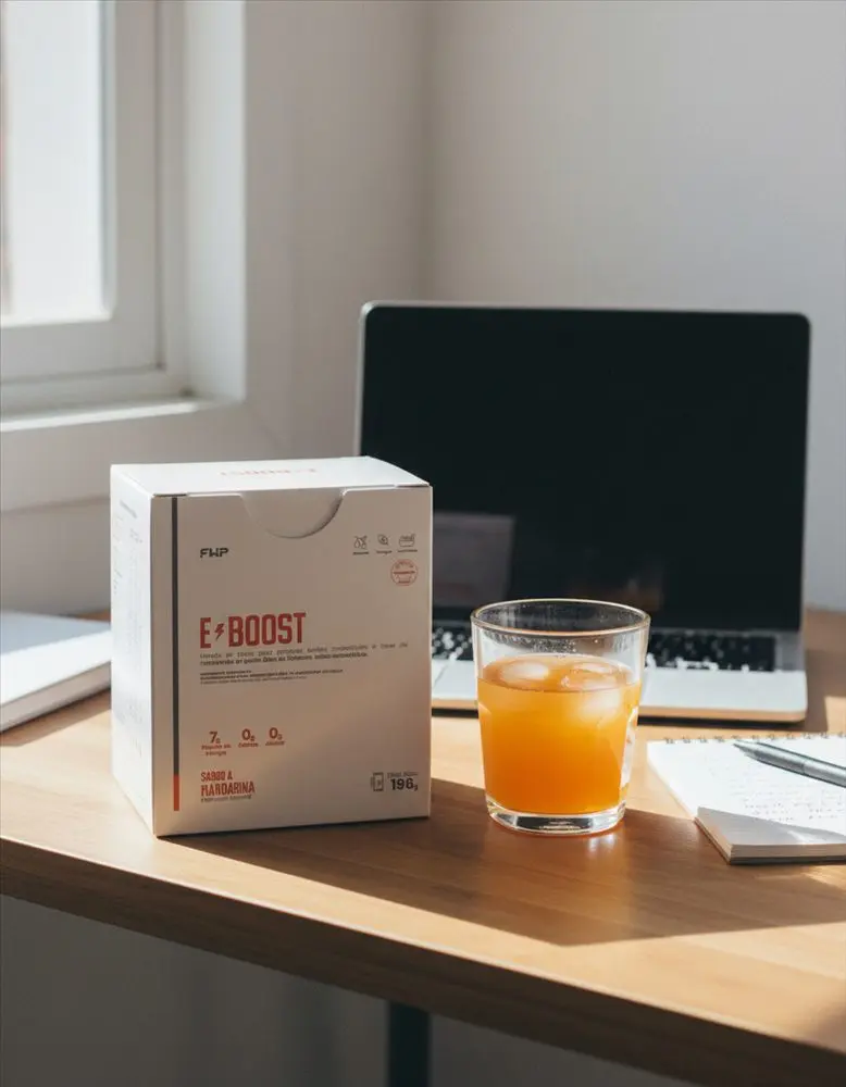 Caja de E-BOOST y un vaso con la bebida sobre un escritorio con notebook