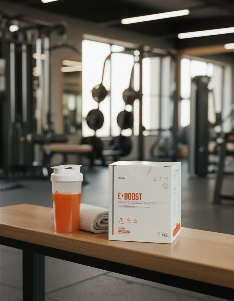 Caja de E-BOOST y un vaso mezclador sobre un banco del gimnasio