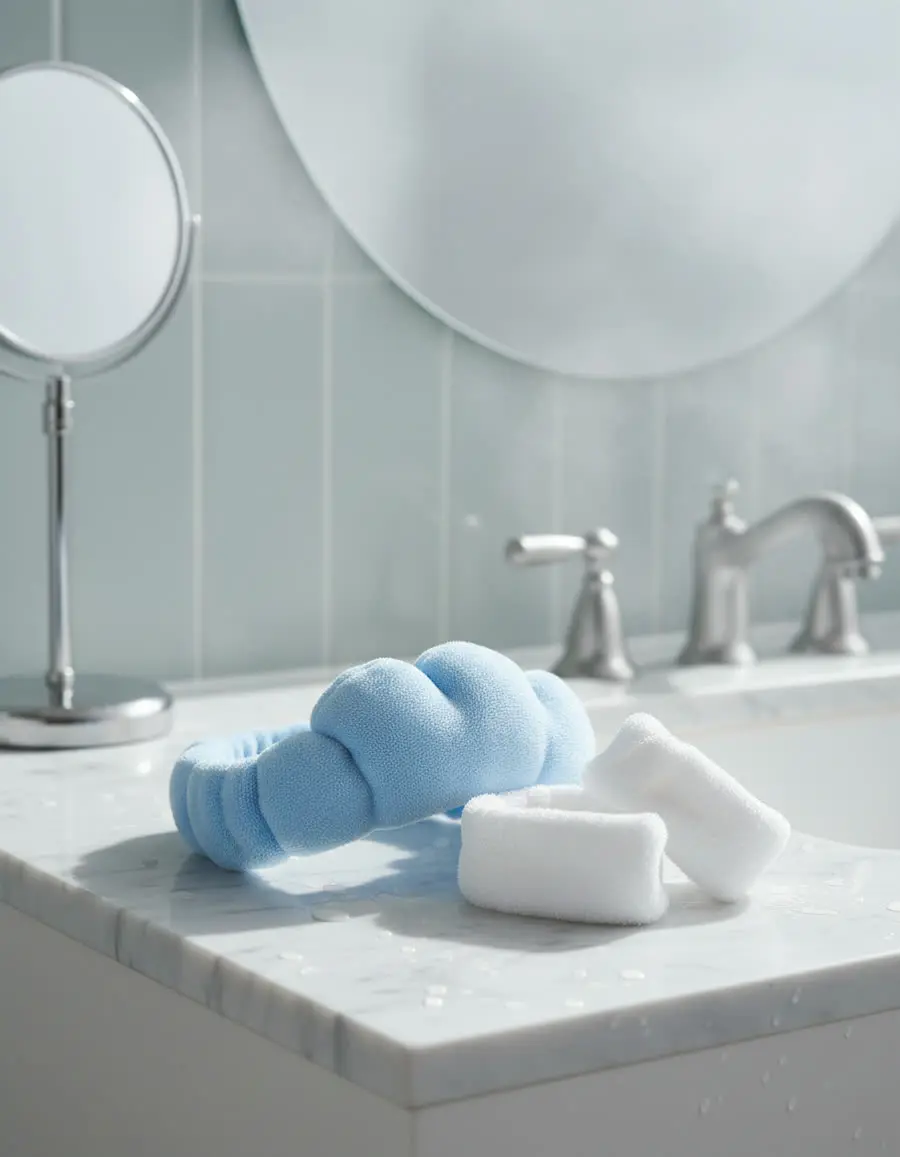 Vincha celeste y muñequeras blancas junto a la bacha del baño