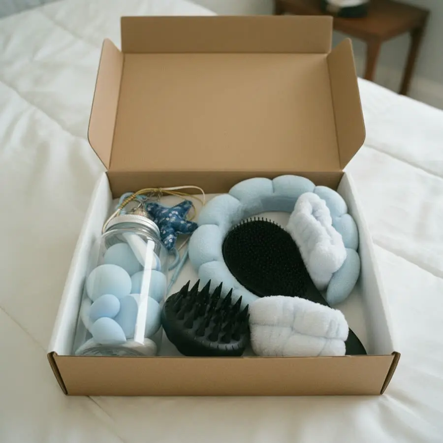 Caja de envío abierta sobre una cama con el combo adentro