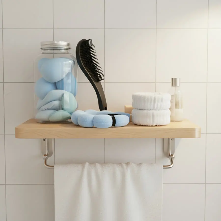 Los productos del combo acomodados en un estante del baño