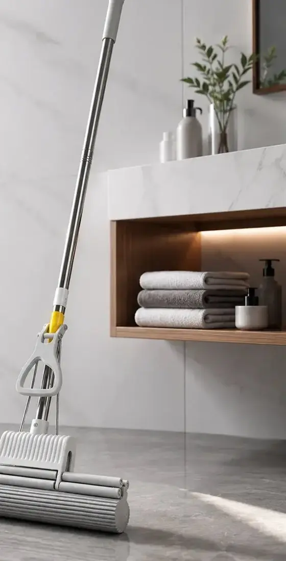 La mopa apoyada en el baño, lista para usar