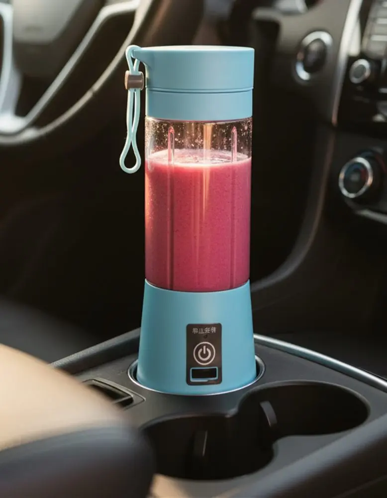 La botella licuadora con un licuado en el portavasos del auto