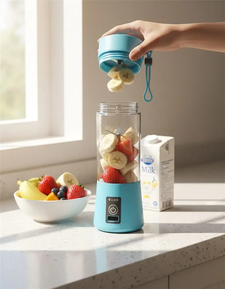 Cargando fruta en la botella licuadora sobre la mesada de la cocina