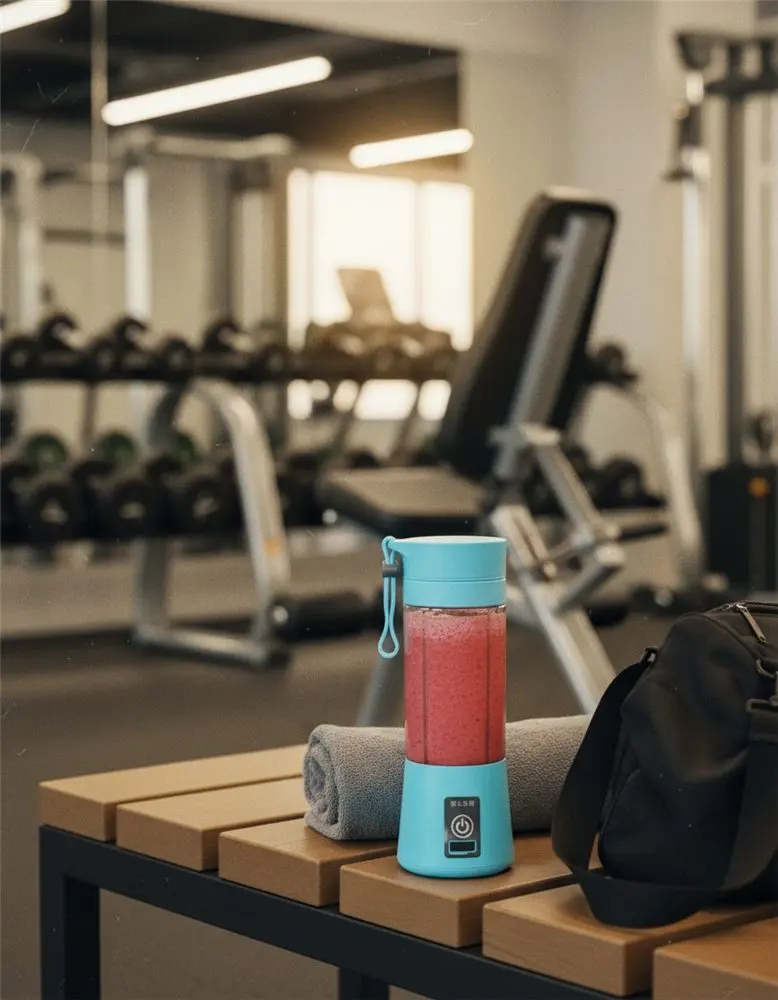 La botella licuadora con un licuado sobre un banco del gimnasio