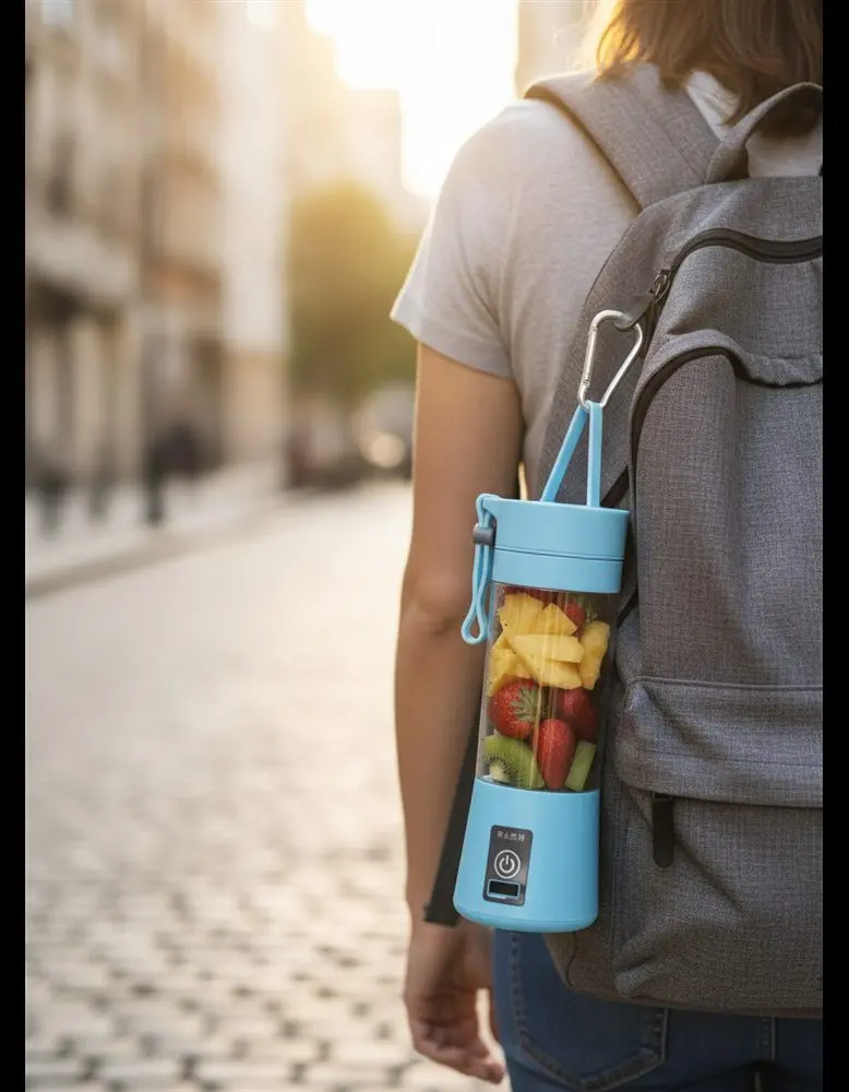 La botella licuadora colgada de la mochila por su agarradera de goma
