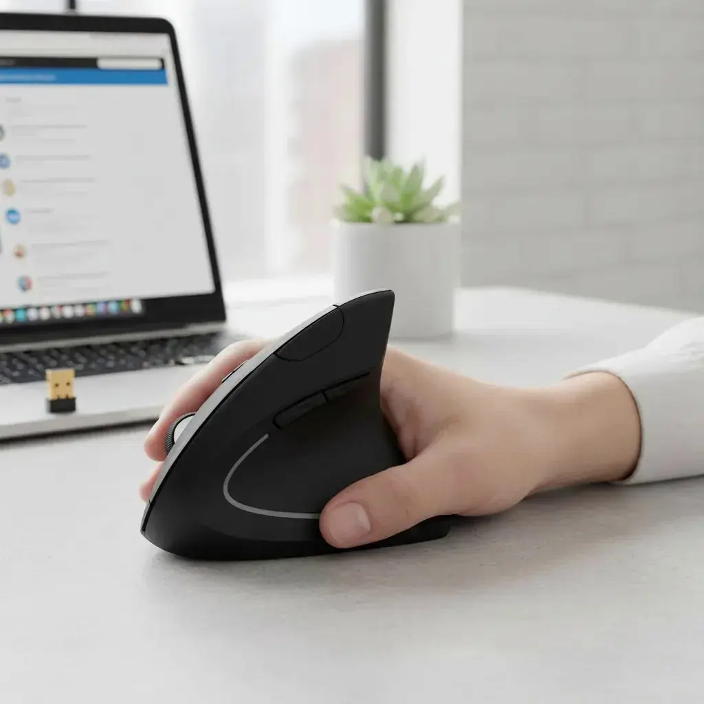 La mano apoyada en el mouse vertical junto a una notebook, con el receptor USB enchufado