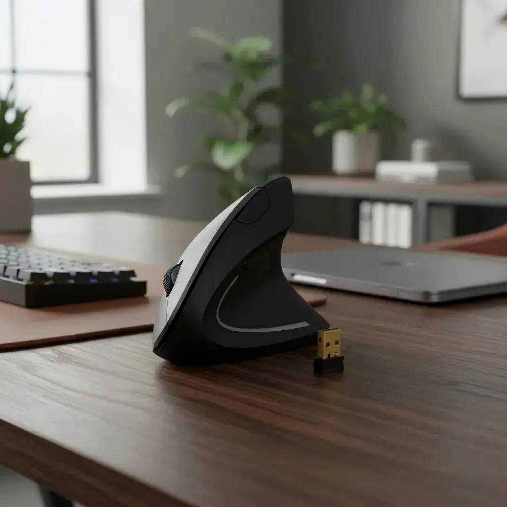 El mouse vertical sobre un escritorio de madera, al lado del teclado