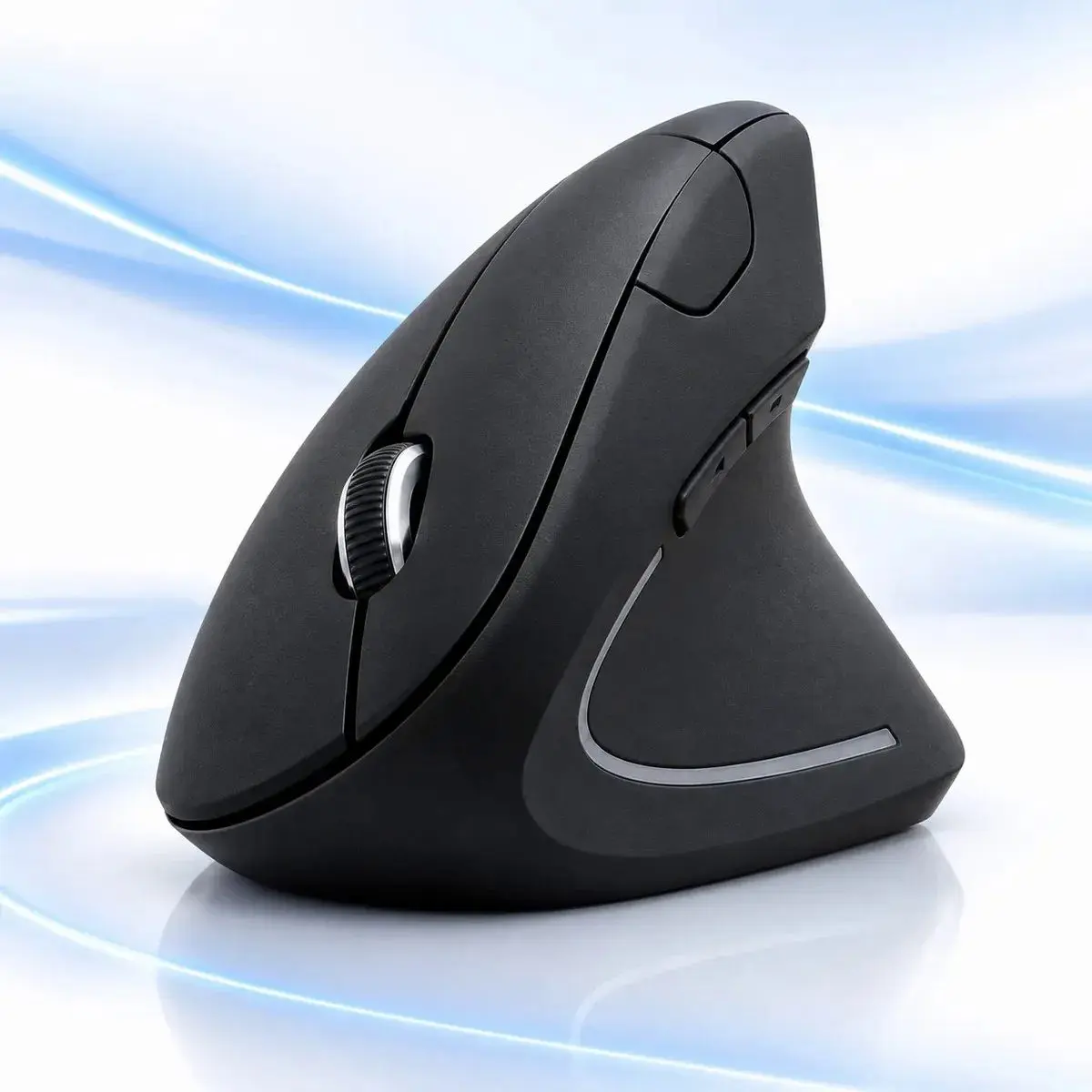 El mouse ergonómico vertical de perfil, con la rueda y los botones a la vista