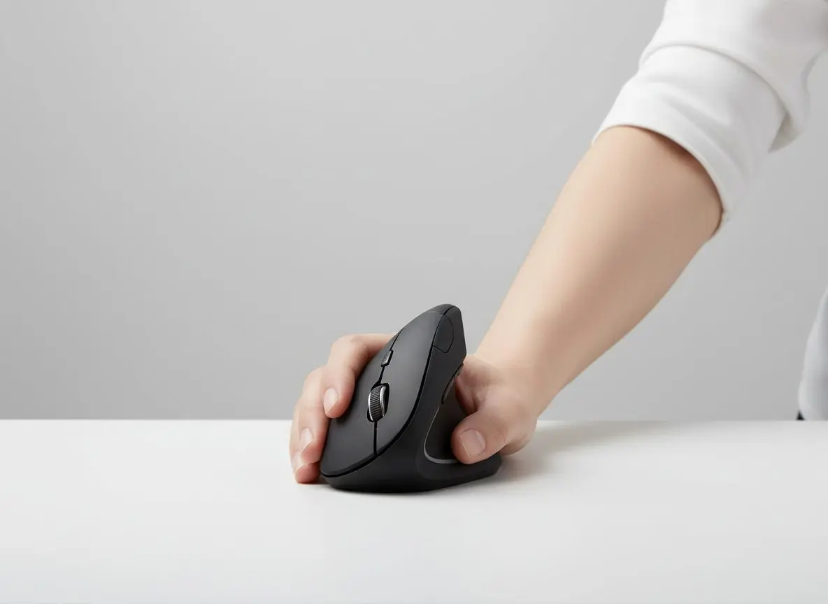 La mano apoyada de costado sobre el mouse vertical, con el pulgar hacia arriba y la muñeca derecha