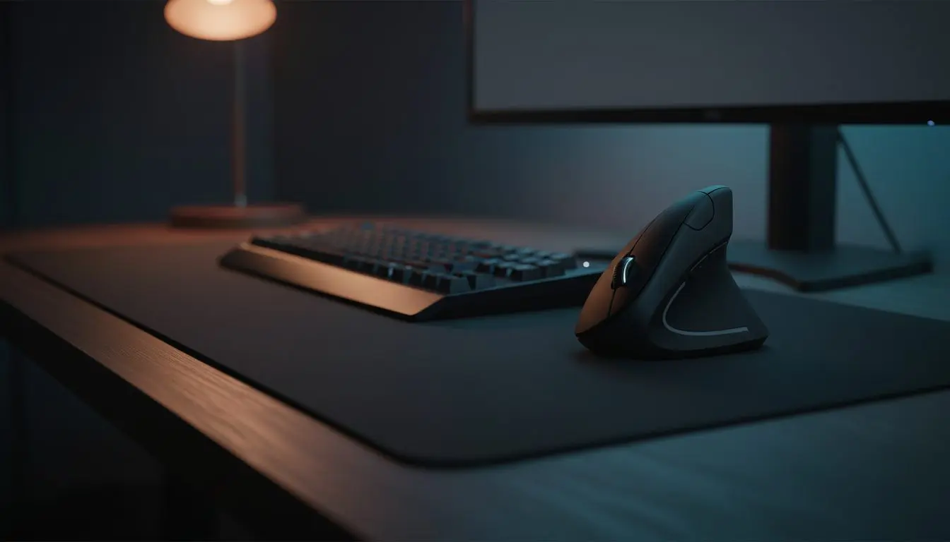 El mouse ergonómico vertical en un escritorio de noche, junto al teclado