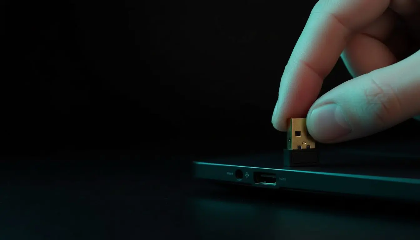 El nano receptor USB a punto de enchufarse en el puerto de una notebook