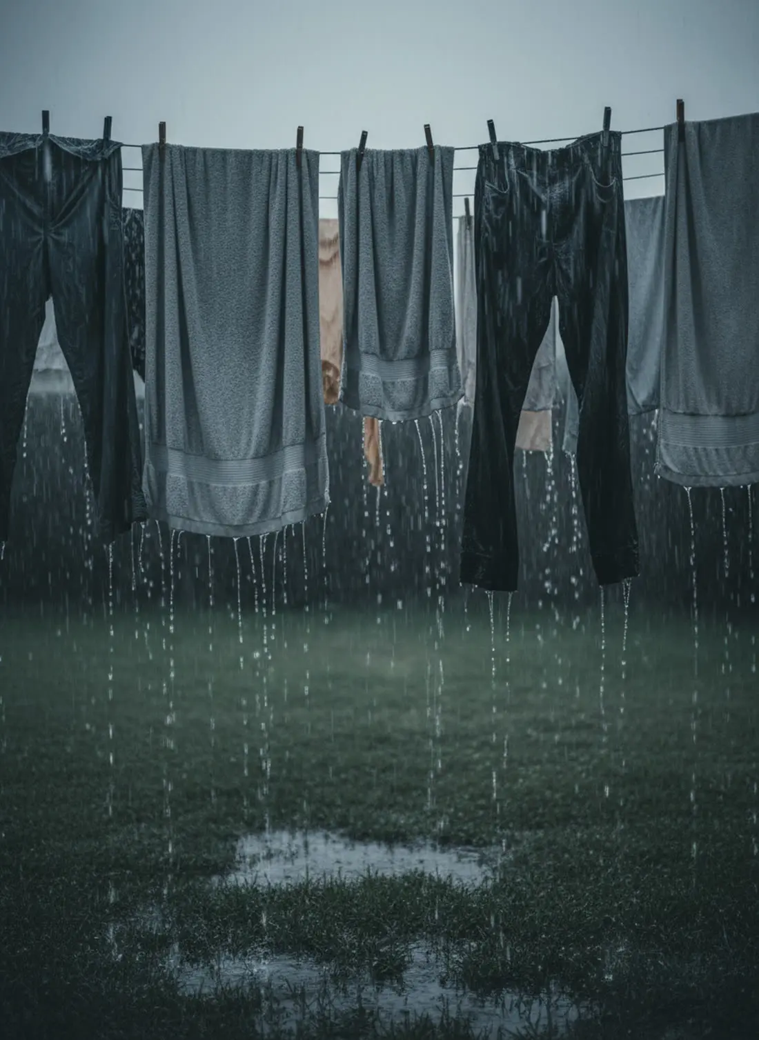 Ropa tendida al aire libre, empapada bajo la lluvia