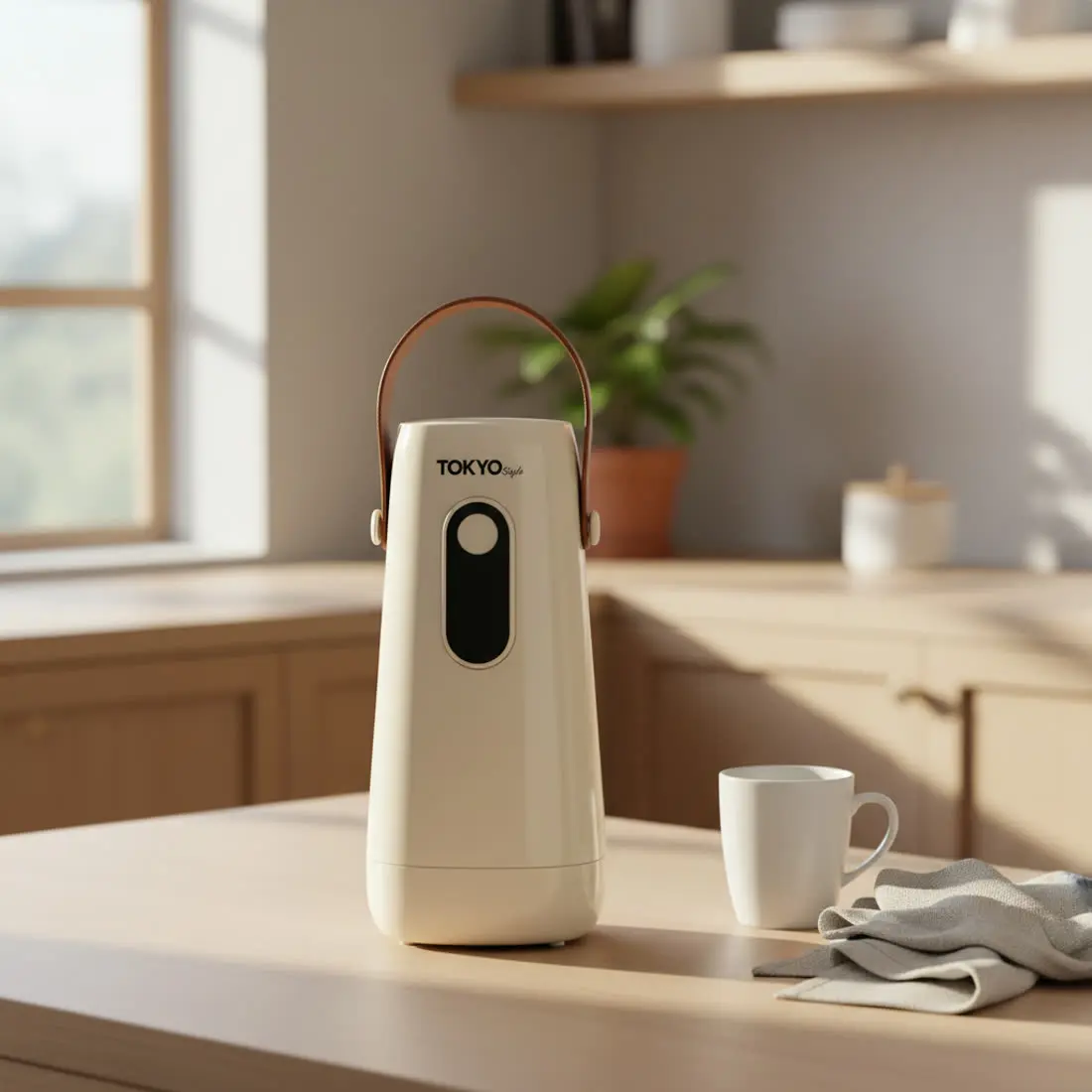 La secadora sobre una mesada de cocina junto a una taza