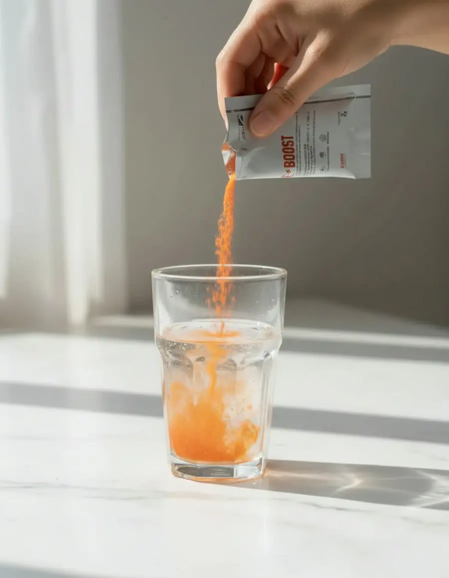 Un sobre de E-BOOST volcándose en un vaso con agua