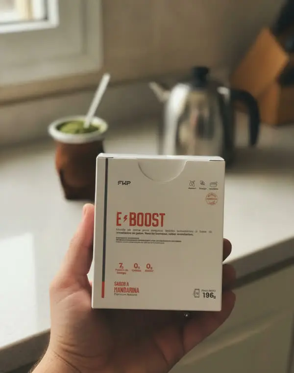 Una mano sosteniendo la caja de E-BOOST en una cocina