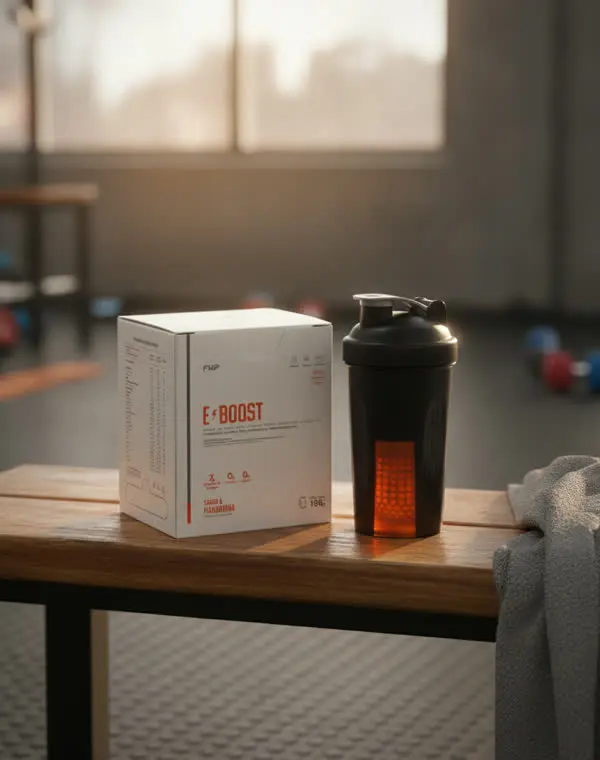 La caja de E-BOOST en un banco del gimnasio junto a un shaker