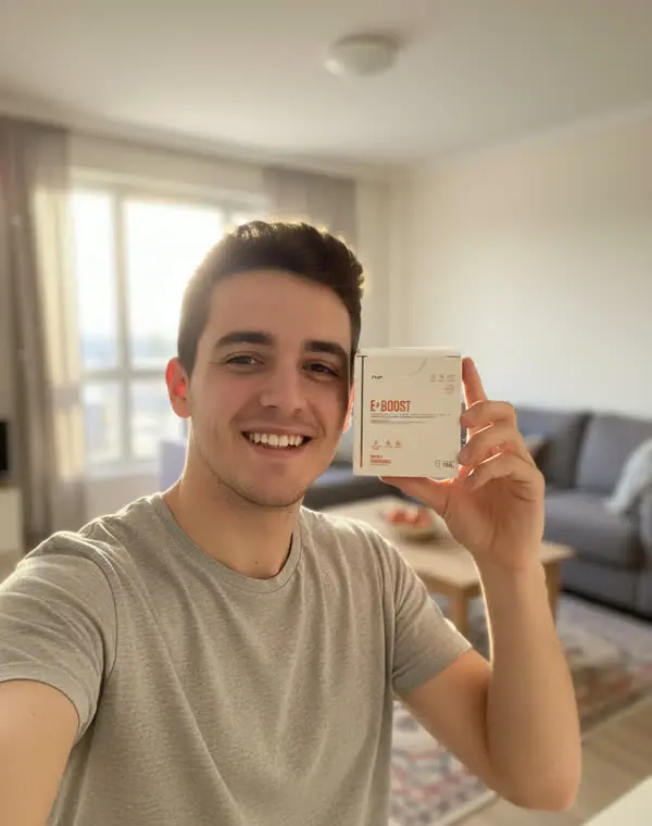 Un hombre mostrando la caja de E-BOOST en su casa