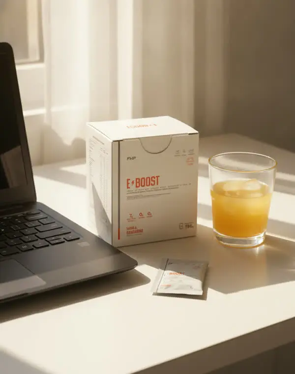 La caja de E-BOOST y un sobre en un escritorio