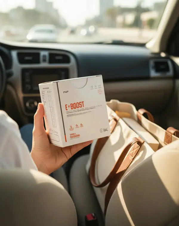 La caja de E-BOOST en el asiento de un auto
