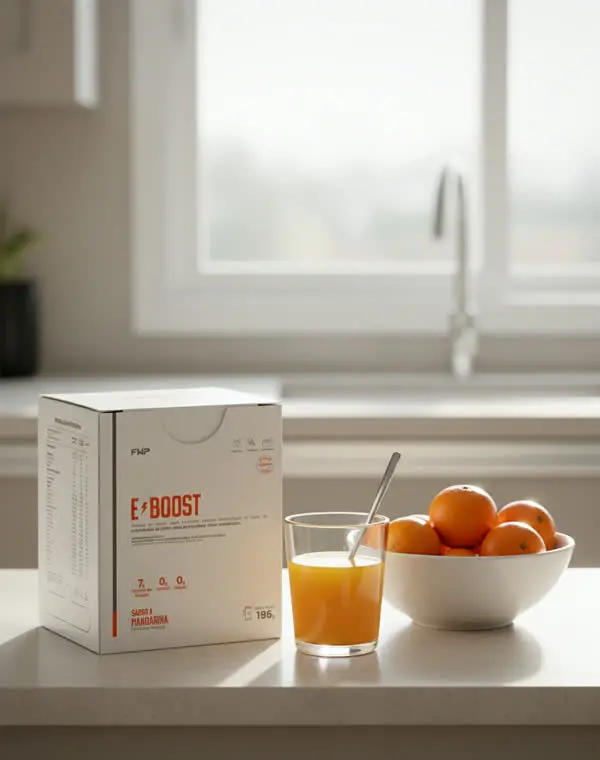 La caja de E-BOOST en la cocina junto a mandarinas