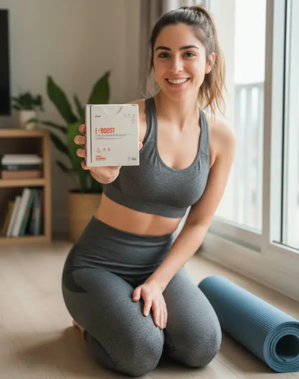 Una mujer con ropa deportiva mostrando la caja de E-BOOST