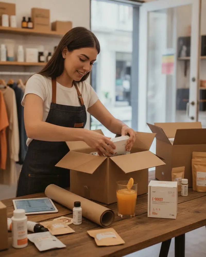 Una emprendedora armando pedidos con E-BOOST en la mesa