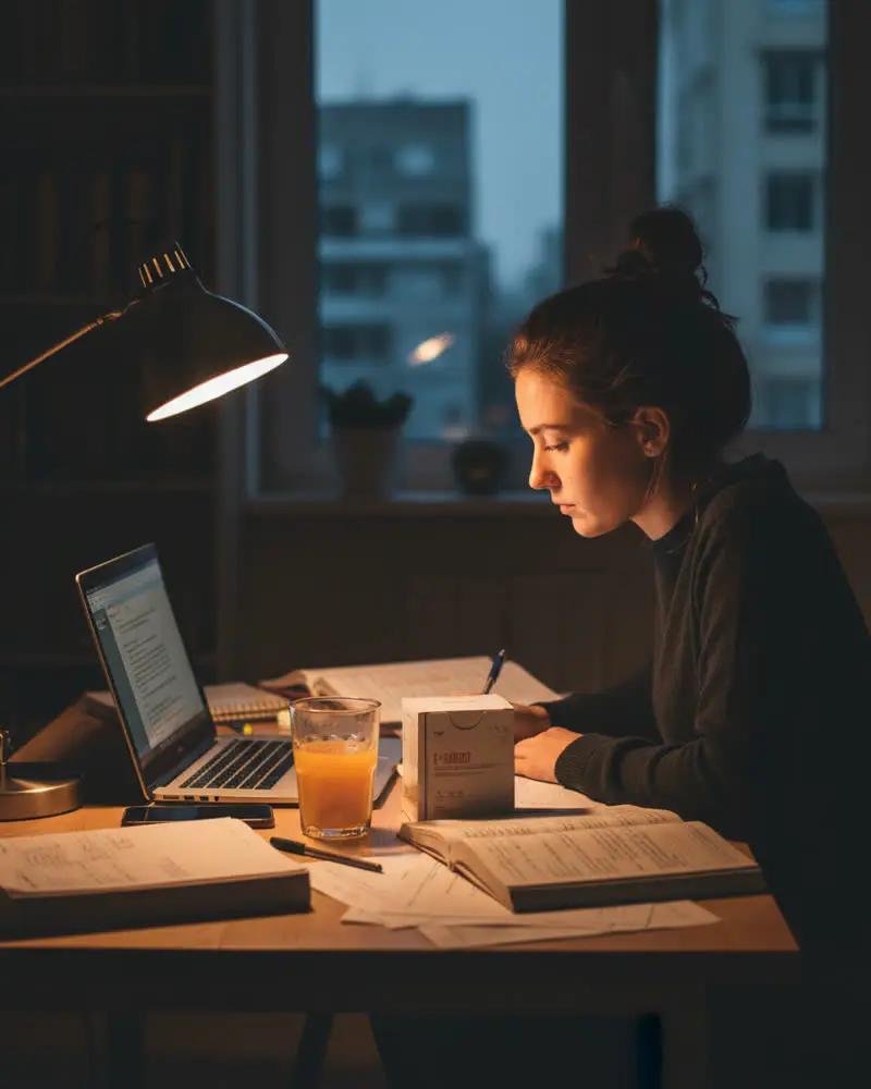 Una estudiante estudiando de noche con E-BOOST en el escritorio