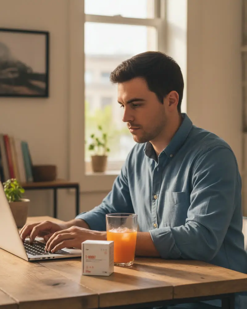 Un hombre trabajando en su escritorio con E-BOOST al lado