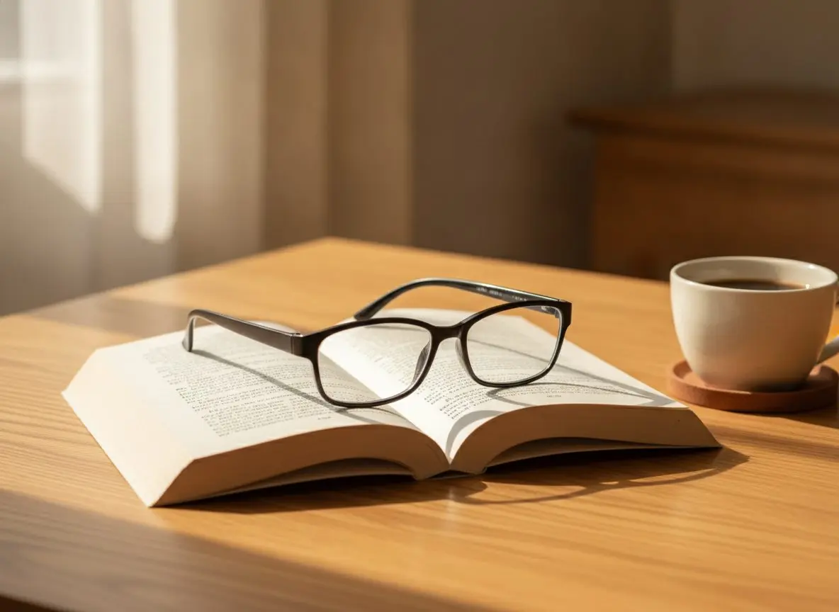Los lentes apoyados sobre un libro abierto junto a una taza de café