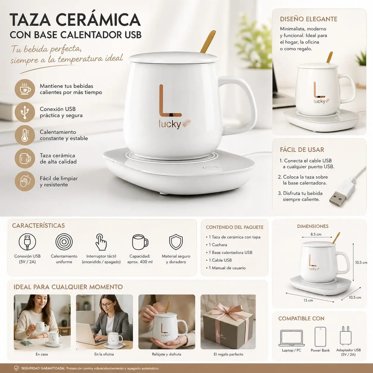 Taza cerámica calentadora