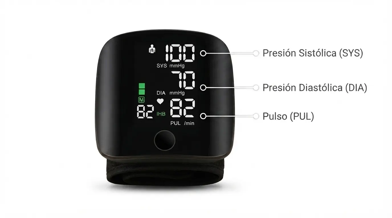 Pantalla del tensiómetro mostrando presión sistólica, diastólica y pulso