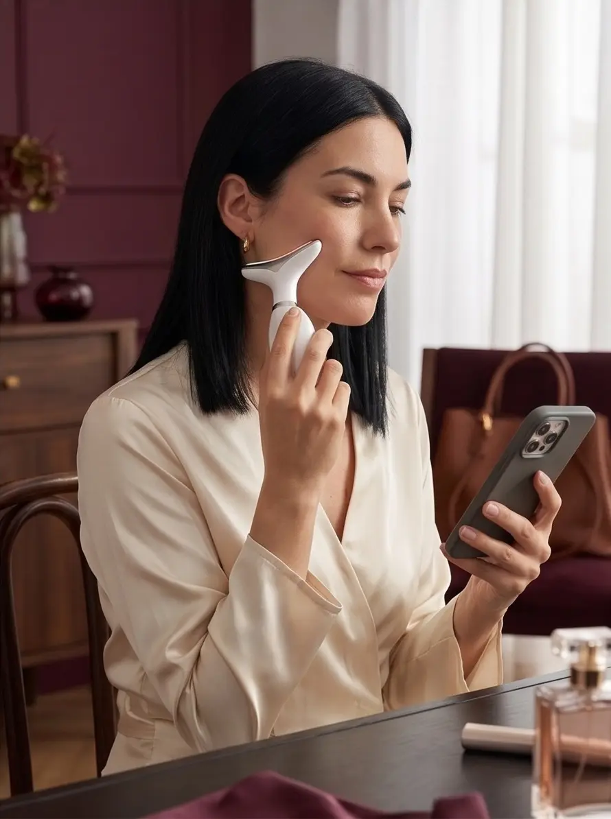 Mujer usando el masajeador facial mientras mira el celular