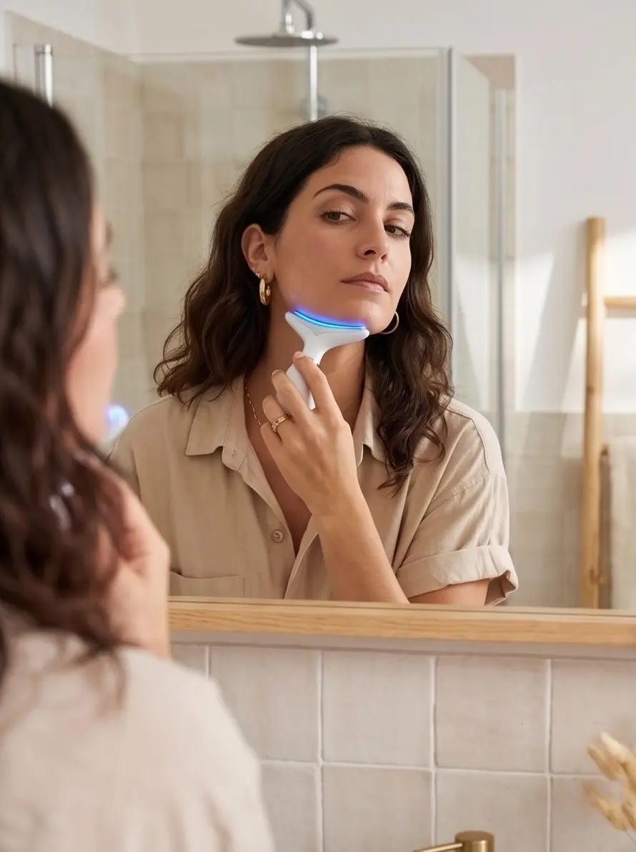 Mujer usando el masajeador facial frente al espejo antes de salir