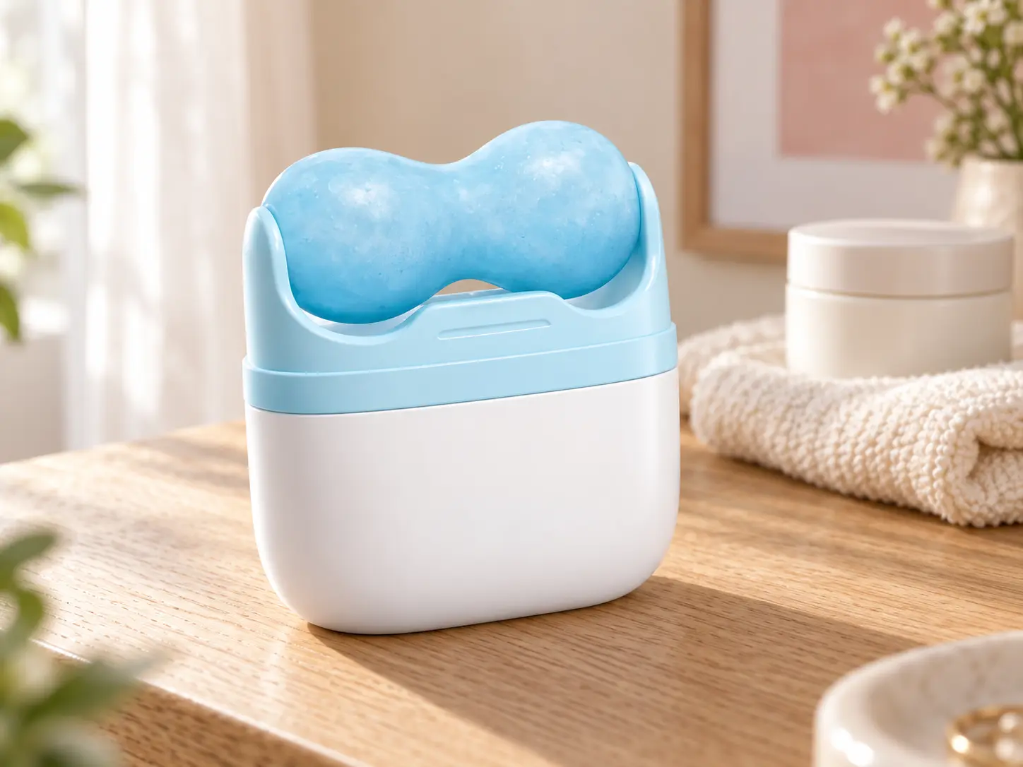 Ice Roller facial celeste y blanco sobre una mesita de madera