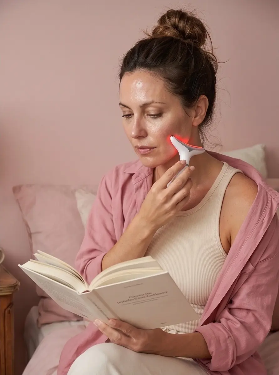 Mujer usando el masajeador facial mientras lee un libro
